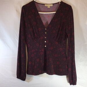 Michael Kors Floral Long Sleeve V-Neck Top Women’s Medium Button Front Blouse